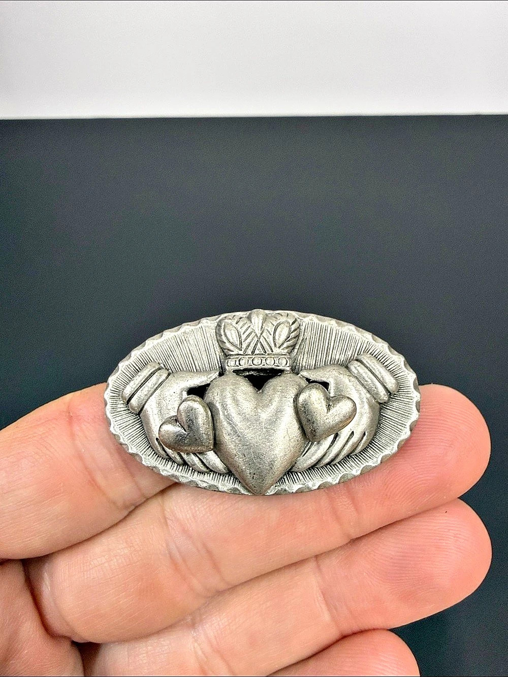 Vintage-Style Irish Claddagh Brooch & Heart Stud Earrings Set Silver Tone